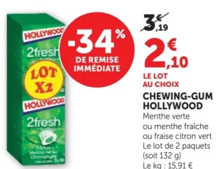 Chewing-gum Hollywood 2fresh Menthe verte, menthe fraîche ou fraise citron vert