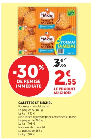 GALETTES ST-MICHEL Fourrées chocolat au lait, Moelleuses tigrées nappées de chocolat blanc, Nappées de chocolat