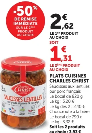 PLATS CUISINES CHARLES CHRIST Saucisses aux lentilles pur porc français ou Choucroute à la bière