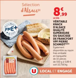 Véritable Knack d'Alsace qualité supérieure ou saucisse de Francfort Pierre Schmidt
