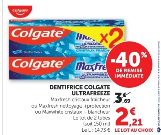 DENTIFRICE COLGATE ULTRAFREEZE Maxfresh cristaux fraîcheur ou Maxfresh nettoyage + protection ou Maxwhite cristaux + blancheur