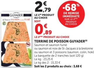 Terrine de poisson Guyader Saumon et saumon fume ou saumon et noix de St-Jacques a la bretonne ou saumon et 3 poissons