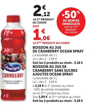 Boisson au jus de cranberry Ocean Spray ou cranberry sans sucres ajoutés Ocean Spray