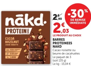 Barres Proteinees Nakd Cacao noisette ou beurre de cacahuètes
