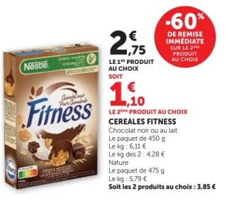 CEREALES FITNESS Chocolat noir ou au lait