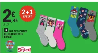 Lot de 3 paires de chaussettes enfant Paw Patrol / Stitch