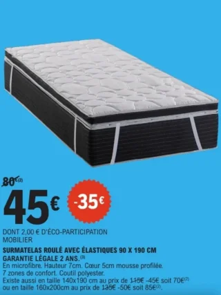 Surmatelas roulé avec élastiques 90 x 190 cm