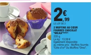 2 Muffins au cœur fourrés chocolat Milka