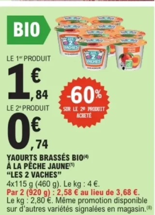 Yaourts brassés Bio à la pêche jaune Les 2 Vaches