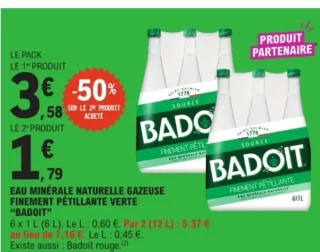 Eau minérale naturelle gazeuse finement pétillante verte Badoit
