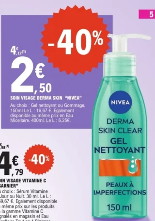 Soin Visage Derma Skin "Nivea" Gel nettoyant ou Gommage
