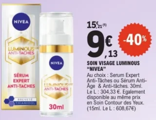 Soin Visage Luminous "Nivea" Sérum Expert Anti-Taches ou Sérum Anti-Âge & Anti-tâches