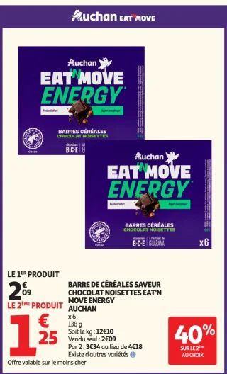 Barre de céréales saveur chocolat noisettes Eat'N Move Energy Auchan