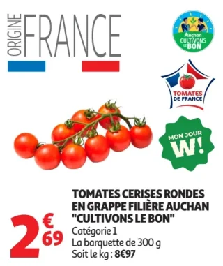 Tomates cerises rondes en grappe filière Auchan "Cultivons le bon"
