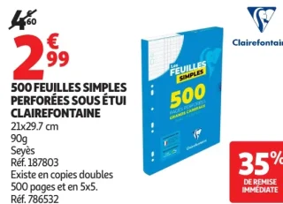 500 FEUILLES SIMPLES PERFORÉES SOUS ÉTUI CLAIREFONTAINE