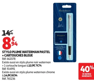 Stylo plume Waterman Pastel + cartouches bleue
