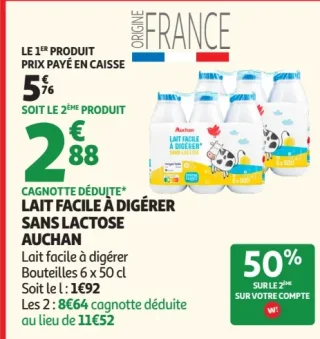 Lait facile à digérer sans lactose Auchan