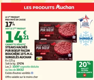 Steaks hachés pur bœuf façon bouchère 15% M.G. surgelés Auchan