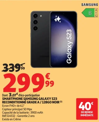 SMARTPHONE SAMSUNG GALAXY S23 RECONDITIONNÉ GRADE A / 128GO NOIR