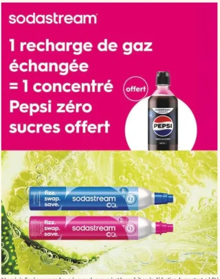 Sodastream 1 recharge de gaz échangée = 1 concentré Pepsi zéro sucres offert