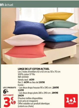 LINGE DE LIT COTON ACTUEL Les 2 taies d'oreillers 63 x 63 cm ou 50 x 70 cm