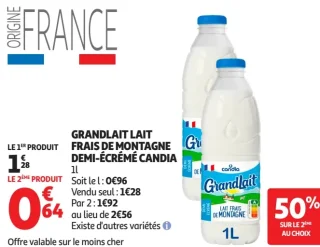 Grandlait Lait Frais de Montagne Demi-Écrémé Candia 1L