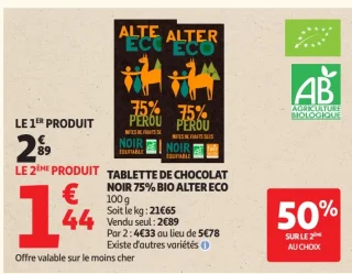 Tablette de chocolat noir 75% bio Alter Eco