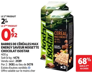 Barres de céréales Max Energy Saveur Noisette Chocolat Isostar