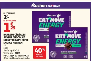 Barre de céréales Saveur Chocolat Noisette Eat'n Move Energy Auchan