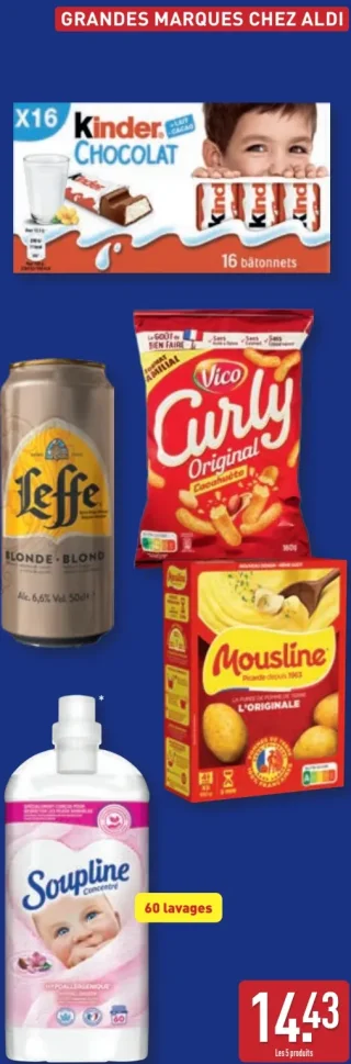 Lot de 5 produits Grandes Marques (Kinder Chocolat, Leffe Blonde, Vico Curly, Mousline L'Originale, Soupline Concentré)