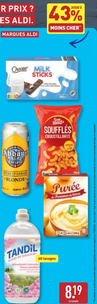 Lot de 5 produits Marques ALDI (Choceur Milk Sticks, Abbaye de Crespin Bière Blonde, Sun Snacks Soufflés Croustillants, Purée de Pommes de Terre, Tandil Adoucissant)