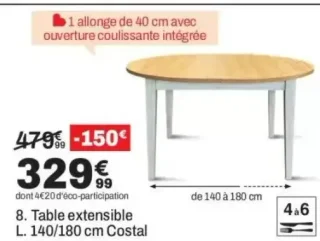 Table extensible L. 140/180 cm Costal