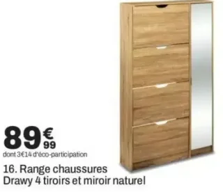 Range chaussures Drawy 4 tiroirs et miroir naturel