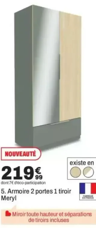 Armoire 2 portes 1 tiroir Meryl