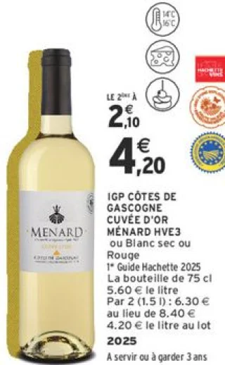IGP Côtes de Gascogne Cuvée d'Or Ménard HVE3 ou Blanc sec ou Rouge