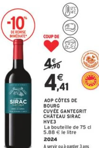 AOP Côtes de Bourg Cuvée Gantegrit Château Sirac HVE3