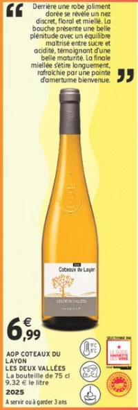 Vin blanc AOP Coteaux du Layon Les Deux Vallées