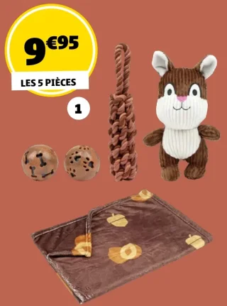 Jouet chien polyester, 1 peluche, un tapis, une corde tressée, 2 balles