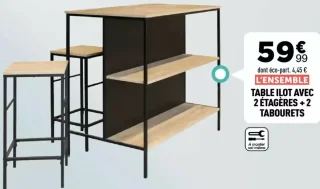 Table îlot avec 2 étagères + 2 tabourets