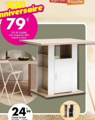 Îlot de cuisine avec rangement MDF, naturel et blanc