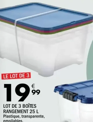 Lot de 3 boîtes rangement 25 L Plastique, transparente, empilables.