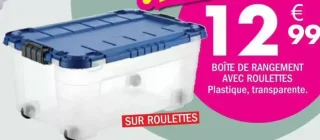 Boîte de rangement avec roulettes Plastique, transparente.