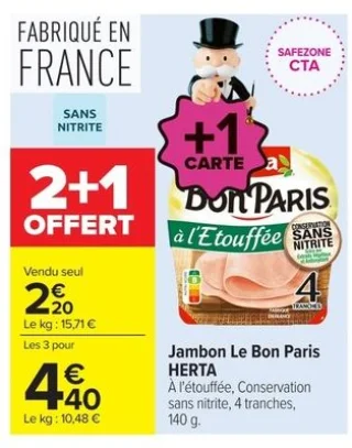 Jambon Le Bon Paris HERTA À l'étouffée, Conservation sans nitrite, 4 tranches