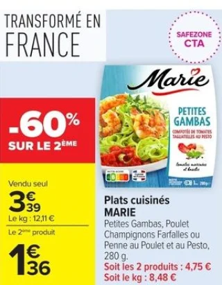 Plats cuisinés MARIE Petites Gambas, Poulet Champignons Farfalles ou Penne au Poulet et au Pesto
