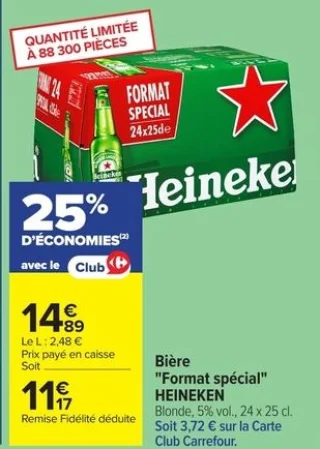 Bière "Format spécial" HEINEKEN Blonde, 5% vol., 24 x 25 cl.