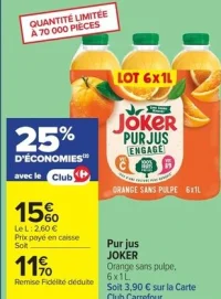 Pur jus JOKER Orange sans pulpe, 6 x 1 L.