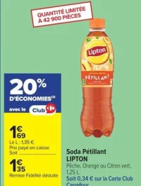 Soda Pétillant LIPTON Pêche, Orange ou Citron vert, 1,25 L.