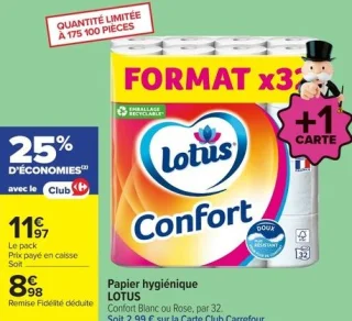 Papier hygiénique LOTUS Confort Blanc ou Rose, par 32
