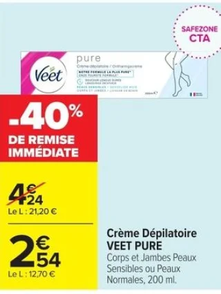 Crème Dépilatoire VEET PURE Corps et Jambes Peaux Sensibles ou Peaux Normales