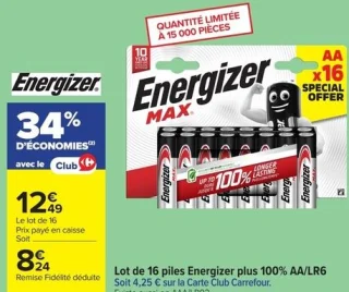 Lot de 16 piles Energizer plus 100% AA/LR6